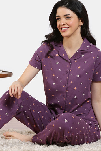 Zivame Starry Dreams Knit Cotton Pyjama Set Berry Conserve